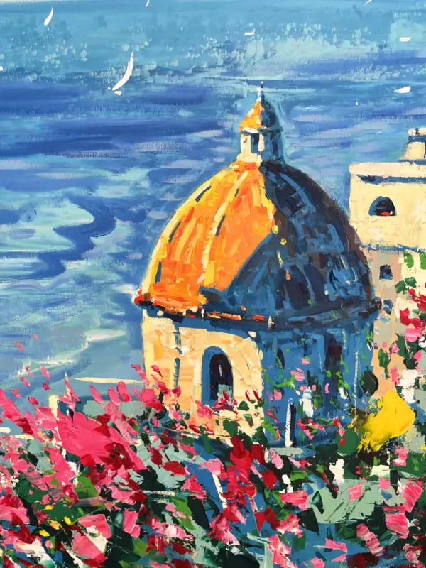 Close-up of the iconic golden maiolica church dome overlooking the deep blue Mediterranean sea with thick, texturized oil paint layers.