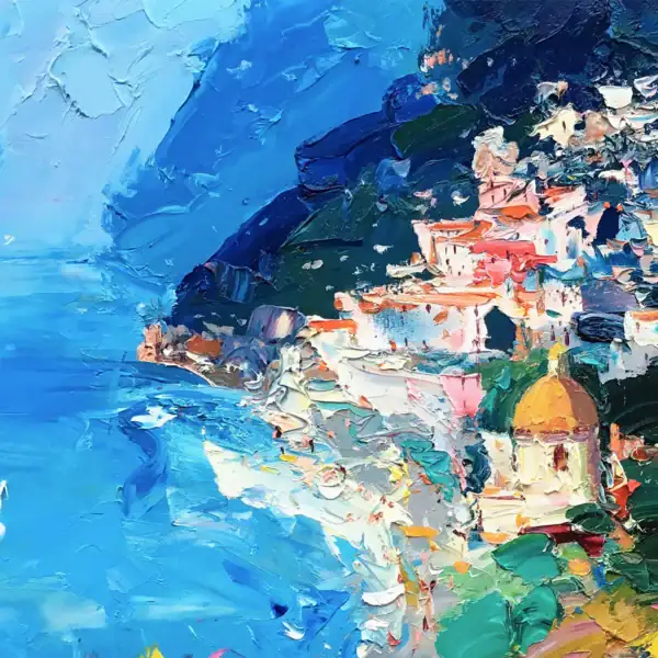 Close-up macro view focusing on the colorful houses perched on the cliffside and the iconic golden dome overlooking the sea.