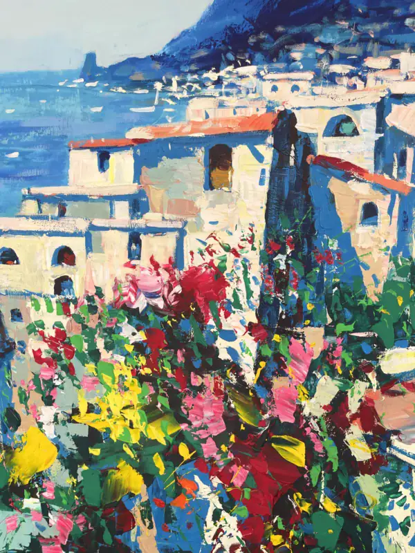Detailed macro shot of the colorful houses stacked on the Positano cliffside with vibrant palette knife floral details in the foreground.