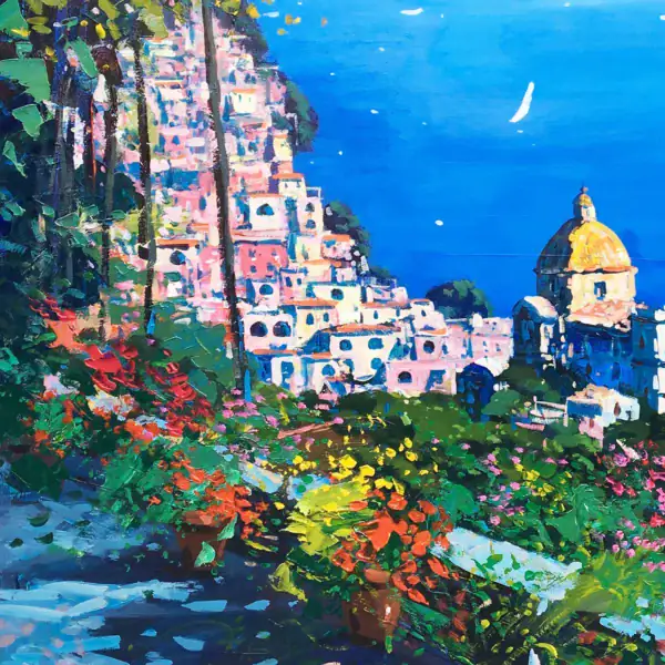 Detailed macro shot highlighting the thick, sculptural palette knife strokes of pastel and warm oil paint shaping the historic houses stacked on the cliff.