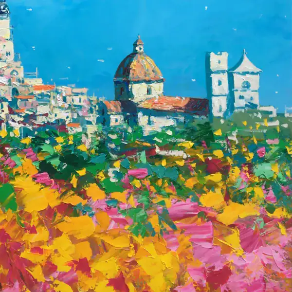 Macro detail of the Positano oil painting, focusing on the church dome and the explosive yellow and orange flowers, showcasing the thick palette knife impasto.
