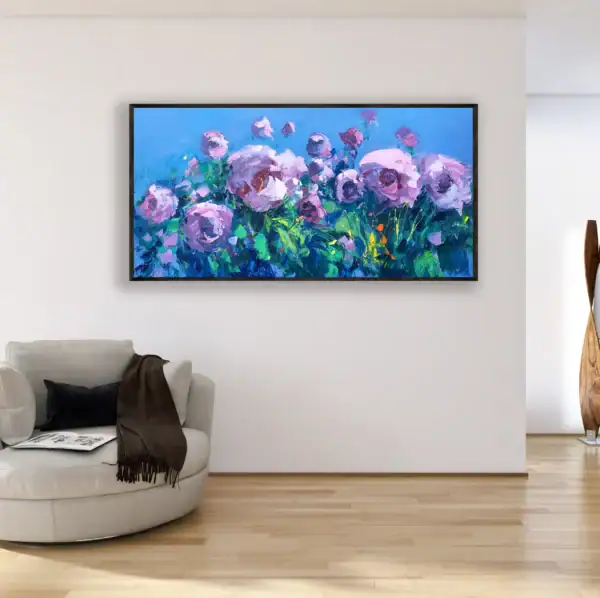 The original peony oil painting shown in an elegant interior setting, adding a sense of natural light and romantic beauty to the space.