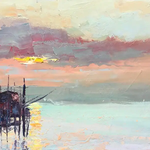Detailed macro view highlighting the thick, layered palette knife strokes of pink, purple, and yellow oil paint shaping the soft evening clouds.
