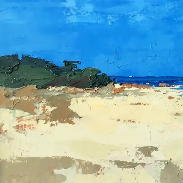 Detailed view of the left side of the seascape, showing the palette knife work on the shoreline and the dark coastal vegetation.