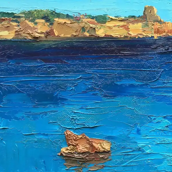 Close-up macro shot focusing on the golden coastal cliffs, the historical tower, and the solitary rock textured with rich palette knife strokes.