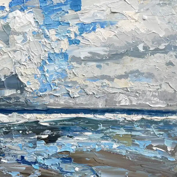 Close-up macro shot highlighting the artistic transition from thick white clouds to bright blue sky accents using premium texturized oil paint layers.