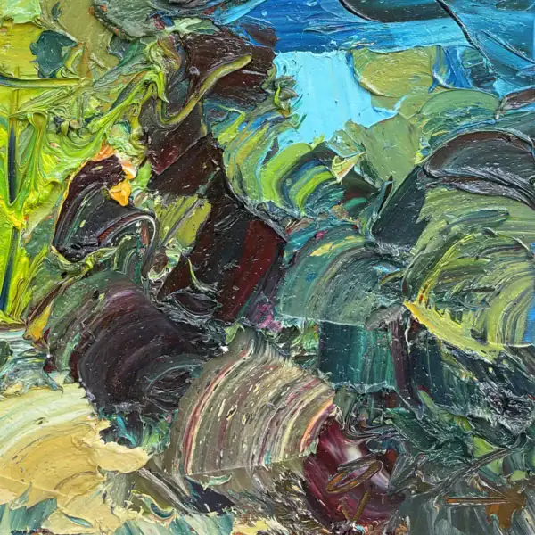 Close-up vertical macro view highlighting the rich, layered palette knife strokes of warm sand, dark ochre, and deep violet shades at the base.