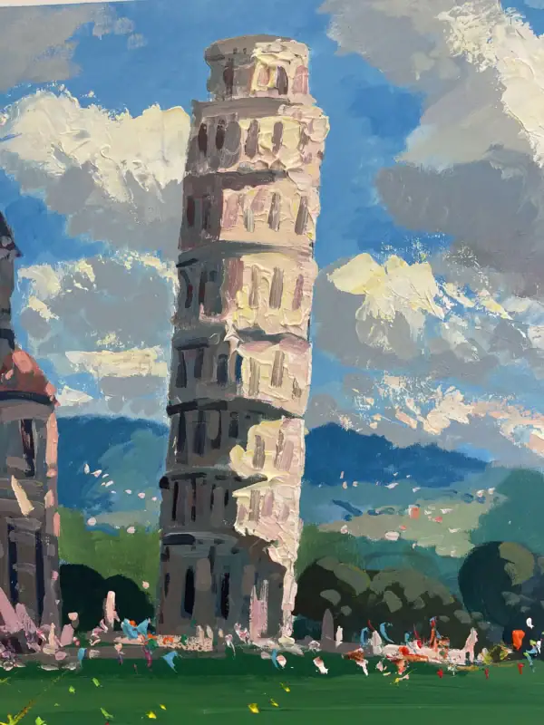 A detailed macro view focusing on the famous leaning tower structure, surrounded by vibrant blue skies and heavy impasto clouds.