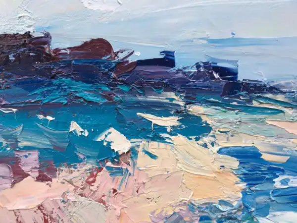 A detailed view highlighting the contrast between the dark brown rocky cliffs and the light pinkish sandy textures created with heavy impasto.