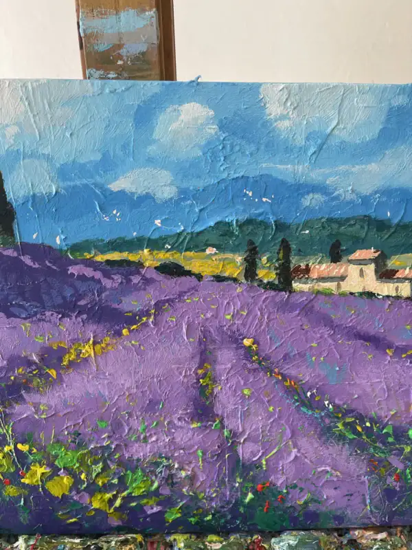 Detailed view on the easel focusing on the rich heavy impasto textures that shape the central lanes of the violet floral field.