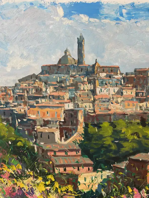 A close-up detailed view of the historic Siena skyline with the Duomo and brick architecture, showcasing thick palette knife textures and light reflections.