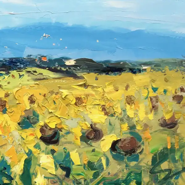 A detailed view of the center of the sunflower field, showcasing the energetic palette knife strokes and the play of light on the flowers.