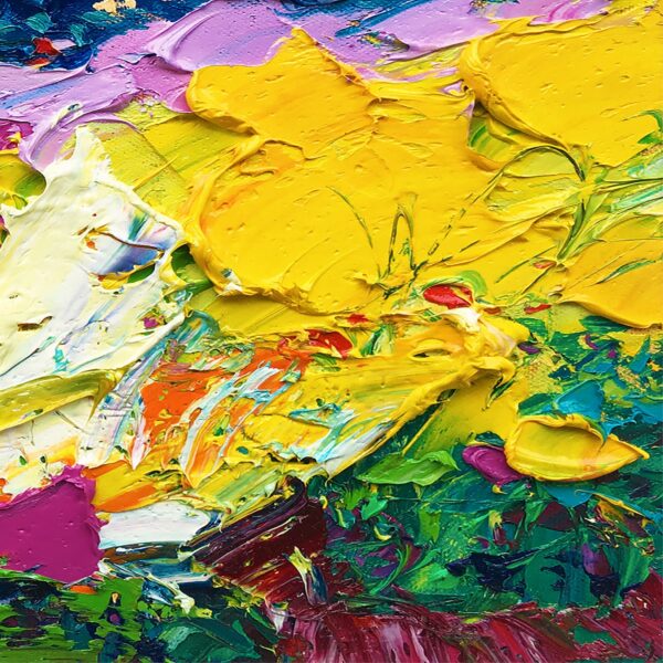 Detailed macro shot of the yellow sunflowers, showcasing the heavy impasto and the energetic strokes of the palette knife.