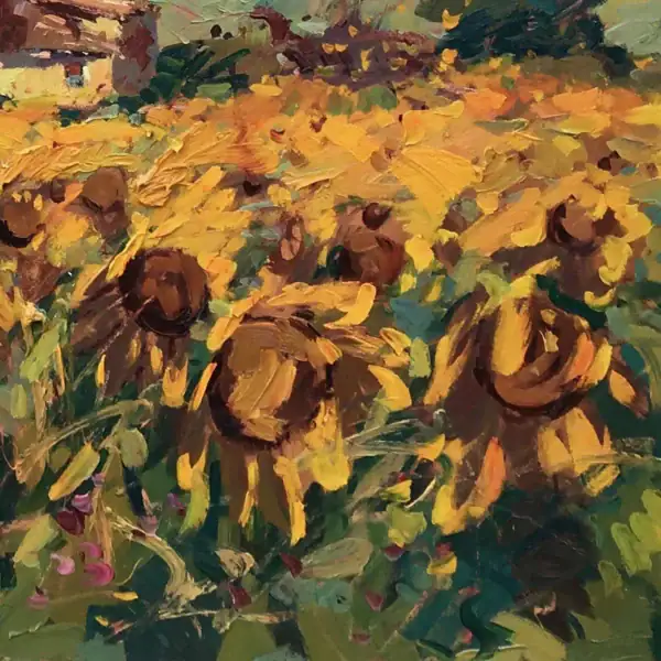 Detailed macro view showcasing the thick, sculptural palette knife strokes and vibrant golden oil paint texturizing the sunflowers.