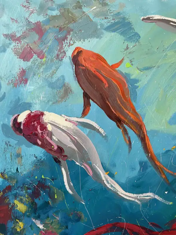 Detailed macro shot highlighting the heavy impasto texture of premium oil paint shaping a white fish and a golden-brown carp near underwater green flora.