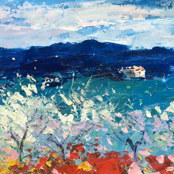 A detailed macro view of the central section, focusing on the textured white spring blossoms and a rural country house nestled below blue hills.