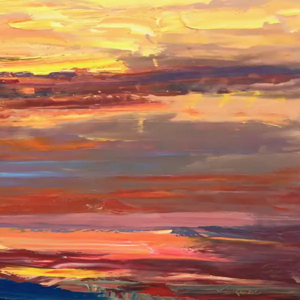 A detailed central close-up focusing on the horizontal line where thick violet clouds meet the glowing golden band of twilight.