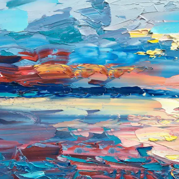 A detailed macro view of the left section, highlighting the rich, dramatic contrast of deep amber, orange, and purple paint layers in the sunset sky.