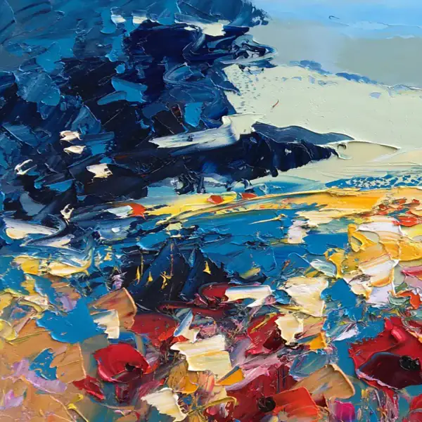 Detailed view of the dark indigo and deep blue paint strokes on the left, creating a dramatic contrast with the bright red blossoms.