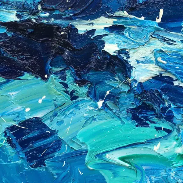 Detailed view of the dark cobalt blue and deep green tones, showcasing the rich tactile surface of the abstract oil painting.