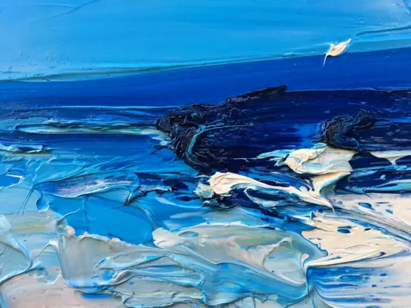 Close-up of the intense cobalt blue and dark tones on the canvas, highlighting the expressive movement of the rich oil paint.