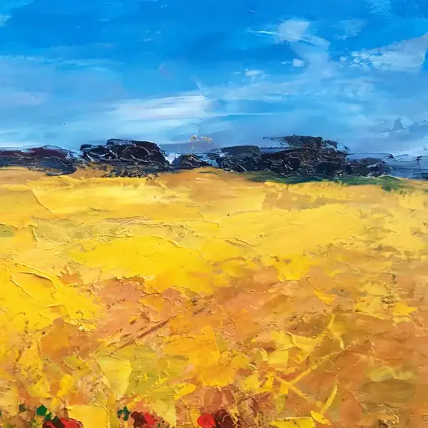 Detailed view of the expansive golden grain field under a clear blue sky, highlighting the rich multi-layered brushwork of the landscape.