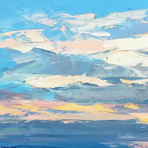 Close-up macro view of the right section of the sunset painting, highlighting multi-layered light blue and ivory paint applications on the sky.