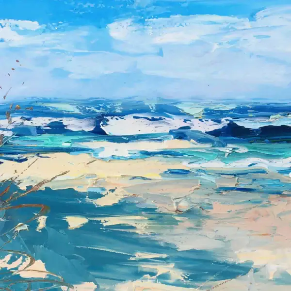 Detailed view of the bright sandy shore blending into turquoise ocean water, highlighting the rich multi-layered palette knife strokes.