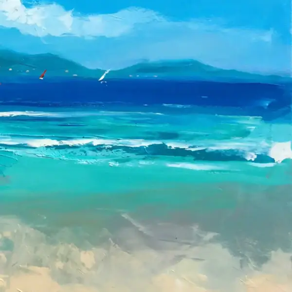 A macro shot focusing on the crystalline turquoise and emerald blue tones of the lagoon, highlighting the smooth and textured strokes.