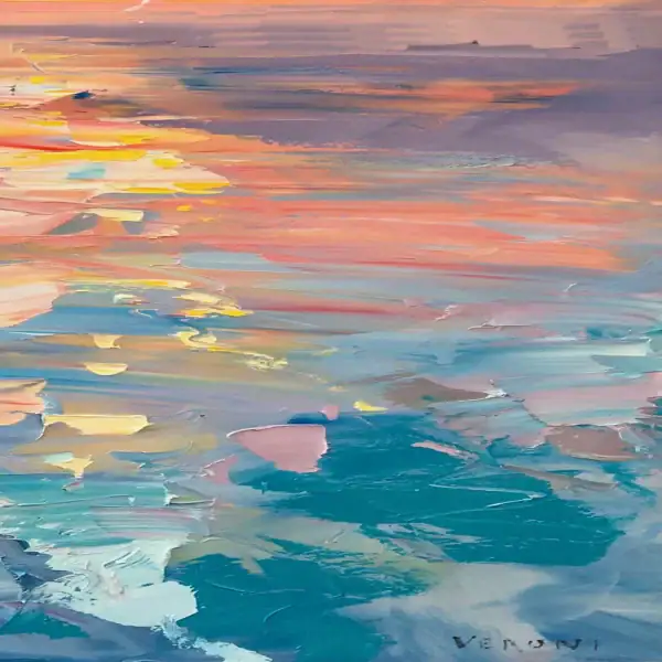 Close-up macro view of the lower left section of the seascape painting, highlighting the textured strokes of turquoise, emerald, and cream.