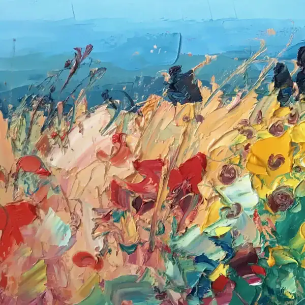 Detailed view of the wild red poppies and golden grass blades on the left side of the canvas, highlighting the rich multi-layered brushwork.