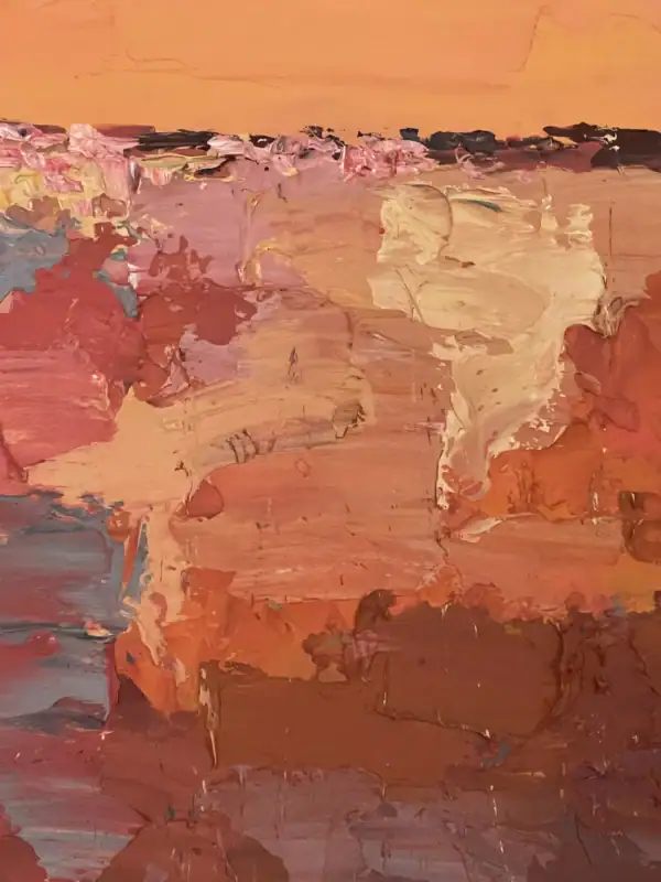 Close-up vertical macro view highlighting the thick, creamy palette knife layers of warm ochre and sandy beige paint strokes.