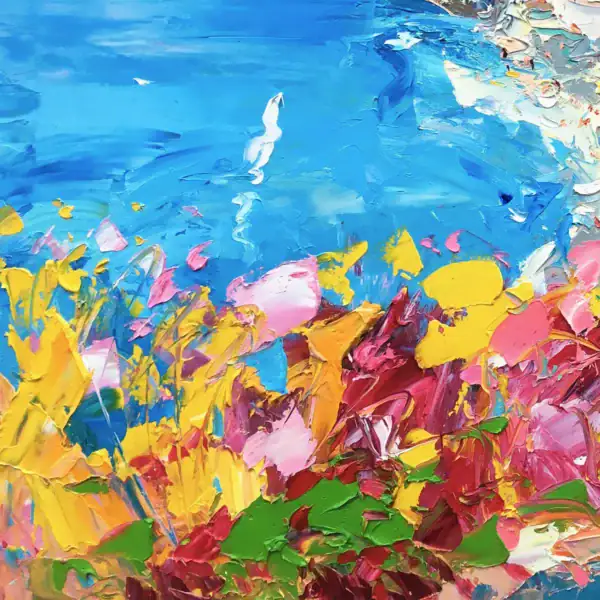 Detailed macro shot highlighting the rich blending of bright pink, fuchsia, and yellow oil paint layers texturizing the blossoms.