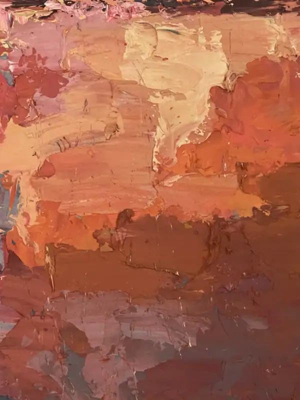 Macro view of the rich, multi-layered texture resembling an abstract rock formation or canyon under a warm, textured sky.