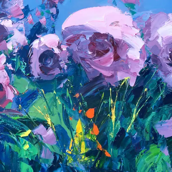 Close-up of the central peonies, highlighting the rich tactile surface and the energetic brushwork of the pink petals and green leaves.