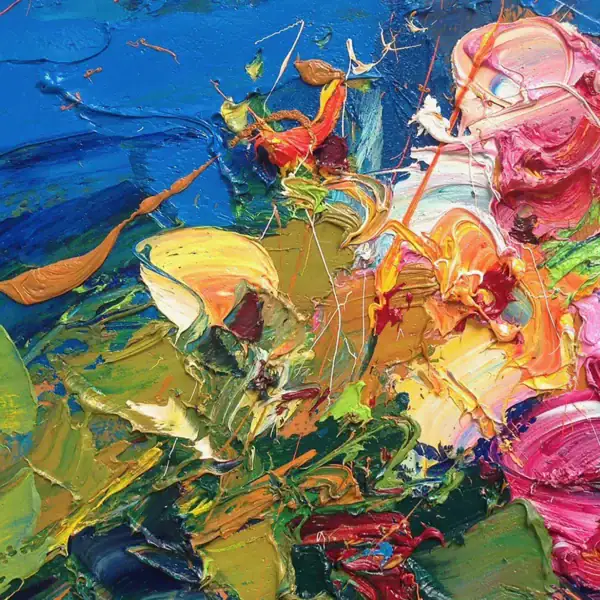 Macro view focusing on the layered oil paint textures of abstract flowers with vibrant fuchsia, yellow, and deep cobalt blue hues.