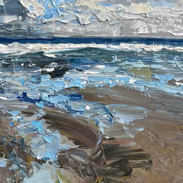 Close-up detail of the heavy impasto brushwork on the beach surface, capturing the realistic reflection of atmospheric light on the coastal ground.