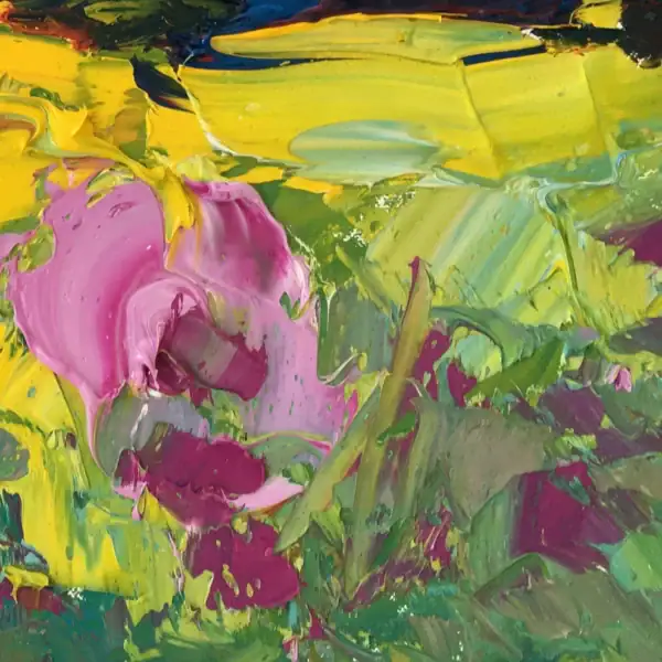 Macro detail of the abstract sunflower field, highlighting the bold pink accents and the thick, expressive layers of oil paint.