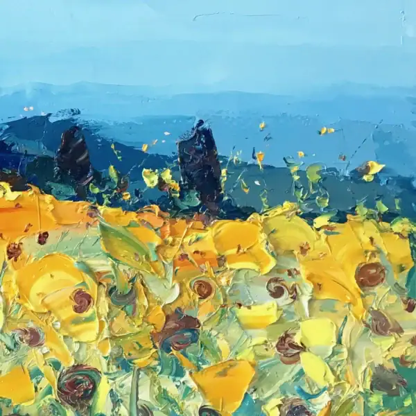 Macro close-up focusing on the thick yellow and orange oil paint applications that form the sunflowers blooming below dark cypress trees.