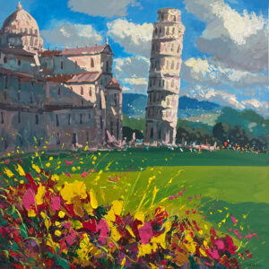 A square original Tower of Pisa oil painting on canvas by Agostino Veroni, featuring the famous tower, cathedral, and a field of red and yellow flowers with heavy impasto.
