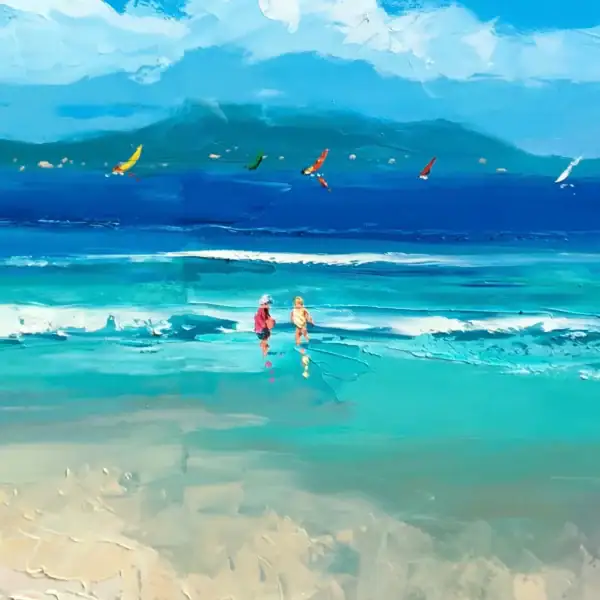Close-up detail of two figures walking along a turquoise tropical shore with distant windsurfers under a bright blue sky.