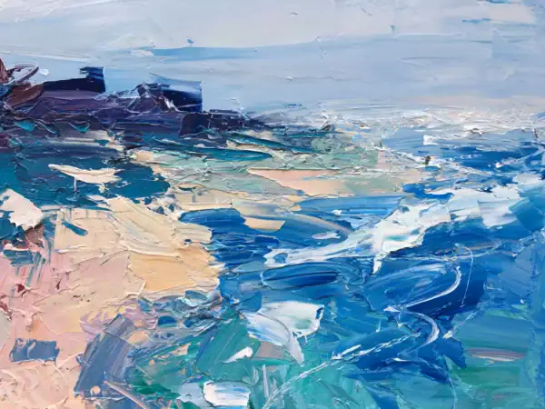 Close-up macro view focusing on the thick, creamy palette knife layers of turquoise water, white sea foam, and sunlit sandy shores.