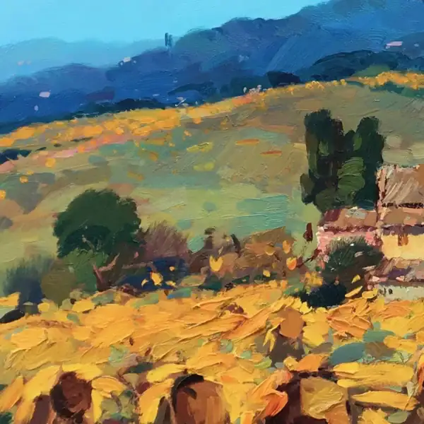 Close-up detail highlighting the layered green and earth-toned brushstrokes defining the rustic fields and distant mountain silhouettes.