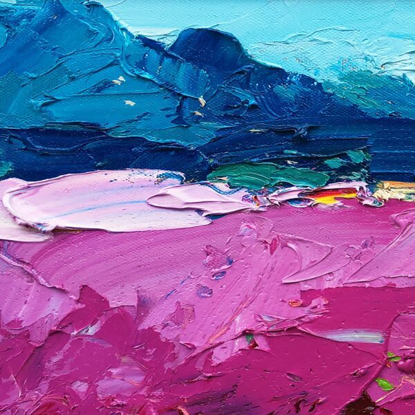 A detail of the abstract landscape focusing on the contrast between the deep purple fields and the blue mountains in the background.