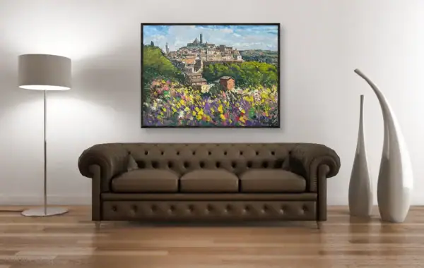 A textured Tuscany cityscape oil painting creating a sophisticated focal point in a luxury room with a classic brown leather sofa.