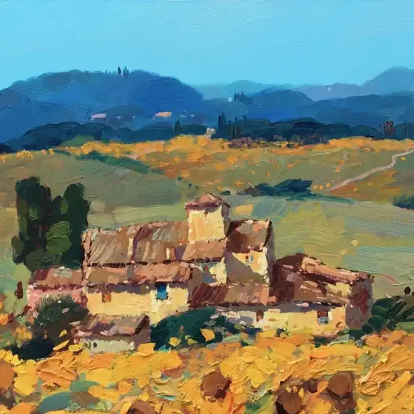 Close-up macro shot focusing on the rustic stone farmhouse nestled in the rolling green hills under a blue summer sky.