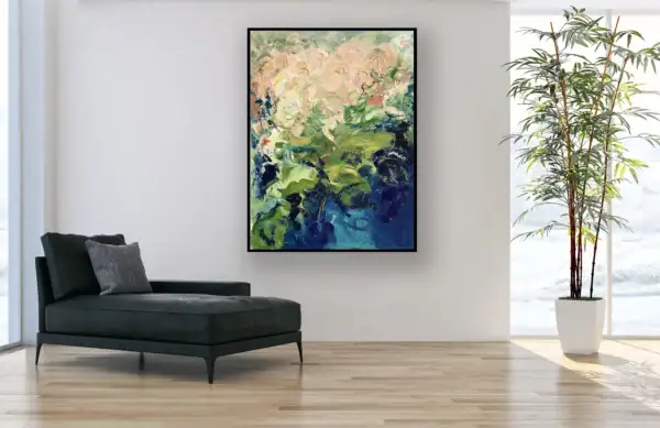 The vertical original abstract floral oil painting displayed as a sophisticated focal point in a minimalist lounge beside a modern black chaise longue.