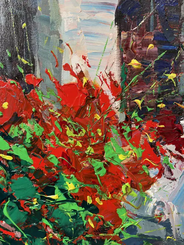 A macro detail of the lower canvas capturing the sculptural and thick palette knife applications of red and green paint representing lush Mediterranean flora.