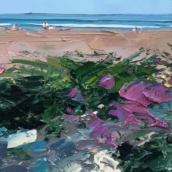 Detailed view of the purple floral accents and dark green bushes in the foreground, showcasing the rich texture and energetic palette knife work.