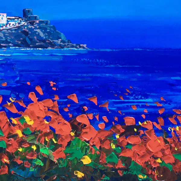 Detailed macro shot showcasing the thick palette knife layers of bright coral and orange oil paint texturizing the coastal blossoms by the deep blue ocean.